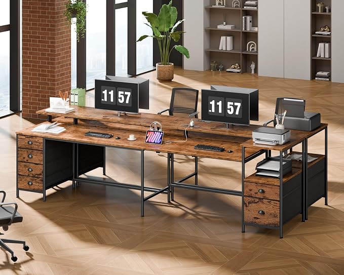 Furologee 95" Two Person Computer Gaming Desk, Long 2 Person Home Office Desk with 6 Drawers & Storage Shelves, Double Table with Power Outlets, LED Lights and Full Monitor Shelf, Rustic Brown