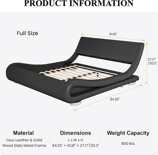 SHA CERLIN Full Size Upholstered Bed Frame, Deluxe Low Profile Sleigh Bed with Faux Leather Ergonomics Headboard, No Box Spring Needed & Easy Assembly, Black