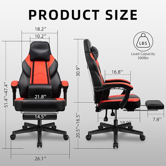 Gaming Chair with Footrest, Massage Lumbar Support, Height Adjustment, and 360° Swivel Seat. Ergonomic Design for Gaming