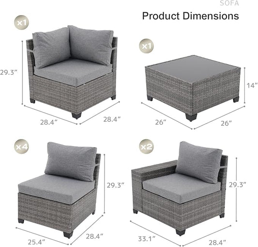 SUNSITT 6-Piece Patio Furniture Set, Outdoor Wicker Modular Sectional Sofa with 7.7-inch Wide Armrests & Thick Comfy Cushions, Glass Top Coffee Table, Rattan Conversation Set, Grey Color