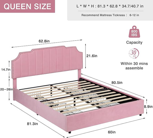 VECELO Queen Velvet Upholstered Platform Bed Frame with 4 Rollers Storage Drawers,Queen Size Bed with Tufted Height Adjustable Headboard,Wooden Slats/No Box Spring Needed/Easy Assembly