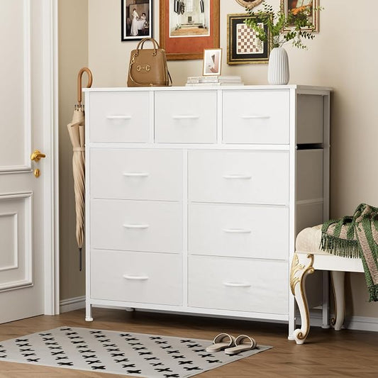 Sweetcrispy 9-Drawer Fabric Dresser Storage Tower with Wood Top and Steel Frame, Organizer Chest with Easy Pull Handles for Bedroom, Closet, Hallway,Pure White