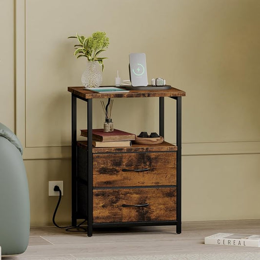 Fixwal Rustic Brown Night Stand with Charger Station, Nightstand with Charging Station & Fabric Drawers