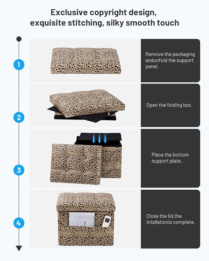 Bsketa Storage Ottoman Foot Rest Stool, Small Velvet Storage Ottomans Bench, Folding Footstool with Side Pockets, Foot Rest Under Desk for Living Room Bedroom, 17x13x13 in, Leopard Print
