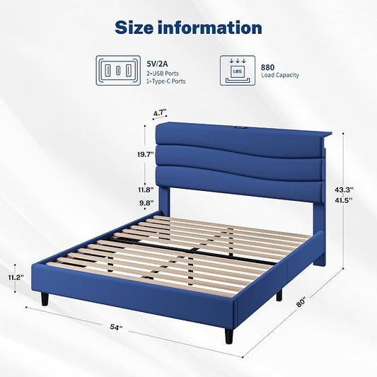 EnHomee Full Size Bed Frame with Adjustable Height Upholstered Headboard, 3 USB Charging Ports, Noise-Free Platform Bed, No Box Spring Needed,Navy Blue