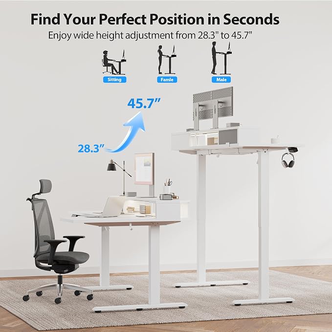Agilestic 63 Inch L Shaped Electric Standing Desk with Shelf, Height Adjustable Large Desk with Power Outlet & LED, Corner Sit Stand Up Table with Monitor Stand, Computer Workstation, White