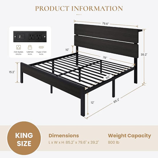 SHA CERLIN King Size Bed Frame with Led Light & Built-in Charging Station, Wooden Headboard with Storage Shelf, Metal Platform Bed, Under Bed Storage, No Box Spring Needed, Noise Free, Black