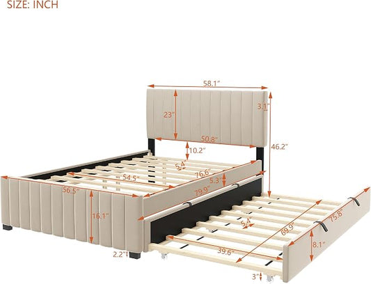 Bellemave Full Bed Frame with Trundle Bed,Velvet Upholstered Platform Bed Frame,Full Size Trundle Bed with Headboard for Kids Teens Adults,Beige