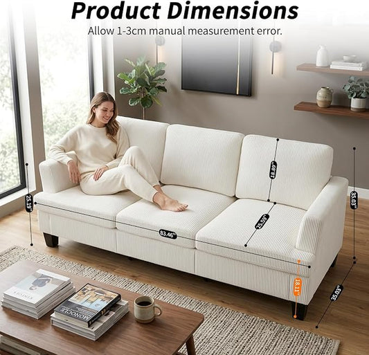 Modern 3 Seater Sofa for Living Room with Soft Deep Seats, Sofa 3 Seater in Linen, Upholstered Apartment Sofa with Armrests, Comfy Cozy Sofas for Bedroom (Corduroy, White)