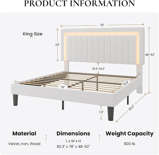 SHA CERLIN King Size Velvet Bed Frame with LED Light, Adjustable Vertical Channel Tufted Headboard, Strong Wooden Slats Support, Noise-Free, No Box Spring Needed, White