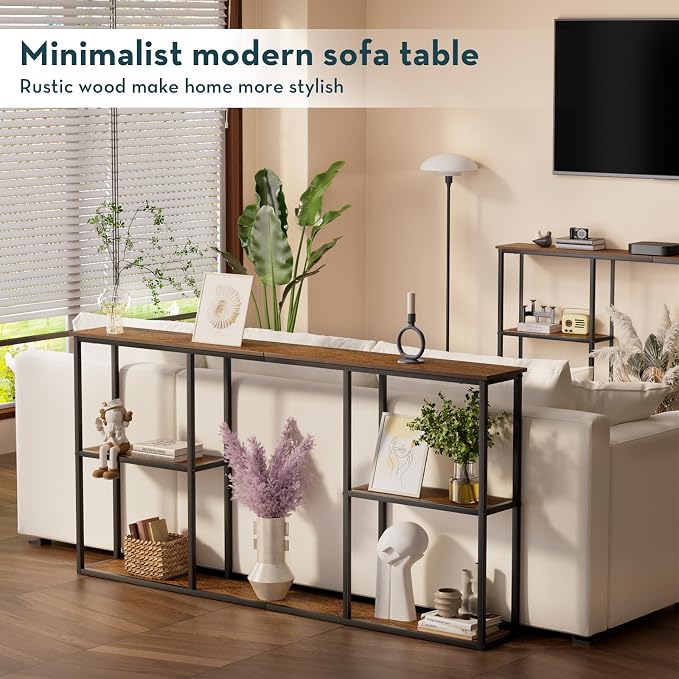 WOHOMO Console Table, 3-Tier Small Entryway Tables, Narrow Sofa Table for Hallway, Rustic Brown (63 inch)