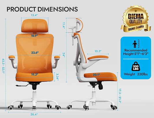 Ergonomic Office Chair - Mesh Desk Chair with Adjustable Lumbar Support High Back Computer Gaming Chairs - Big and Tall Office Chairs Adults, Comfortable for Long Hours, Orange