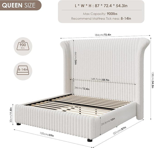 Keyluv Queen Bed Frame with 54” Tall Faux-Fur Wingback Headboard, Upholstered Platform Bed with LED Light, Mattress Foundation with Solid Wooden Slats Support, No Box Spring Needed, Noise-Free, Beige