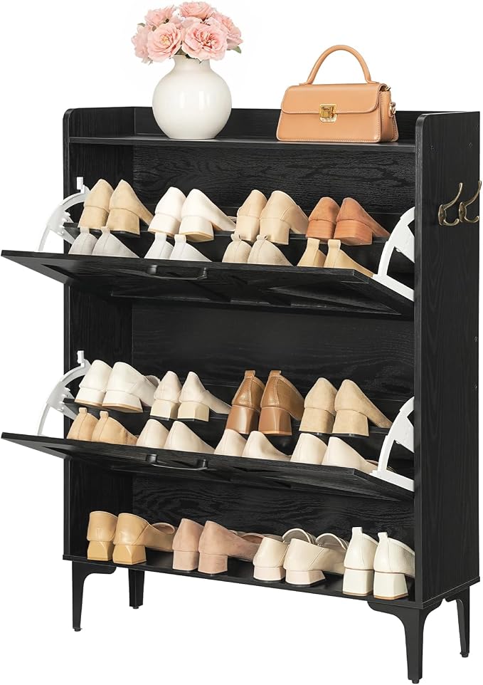 MAHANCRIS Shoe Storage Cabinet, Shoe Organizer with 2 Flip Drawers, Hidden Shoe Storage for Entryway, Freestanding Shoe Cabinet Organizer with Open Storages, Black SHHB9401