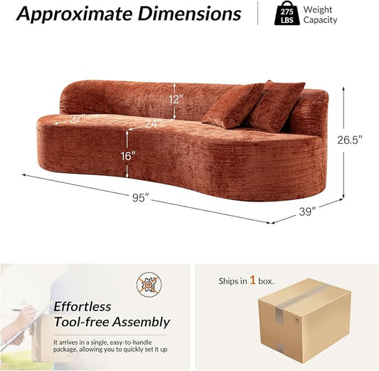 95" Modern Curved Compressed Sofa, All-Foam 3-Seater Cloud Couch with 2 Pillows, No Assembly Required Boneless Sofas for Living Room, Orange