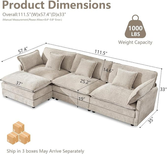 GNIXUU Modular Sectional Sofa, 111.5“ Chenille L Shaped Cloud Sectional Couch with Movable Ottoman & Deep Seat, 4 Seat Couches with 5 Pillows for Living Room, Apartment, Office, Camel