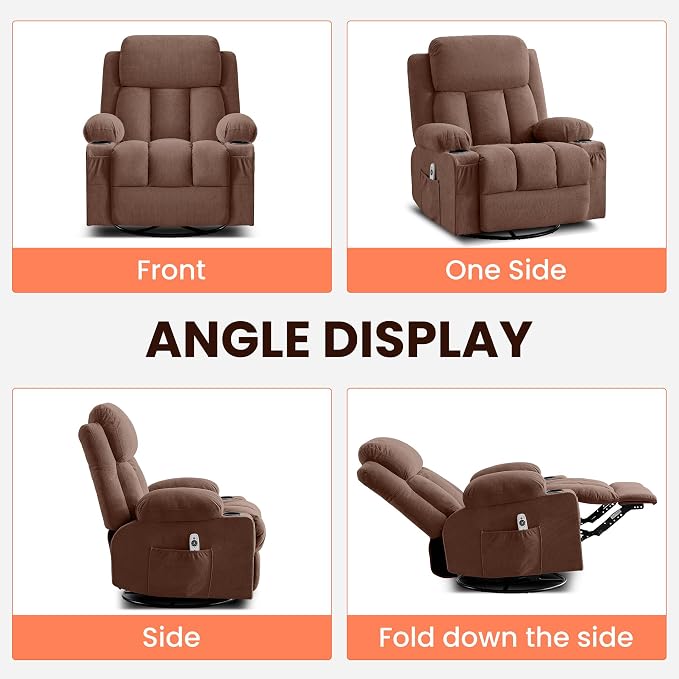 MAHOMICO Swivel Rocker Recliner Chair with Vibration Massage and Heat for Living Room,with Rocking Function and Side Pocket, USB Charge Port,2 Cup Holders