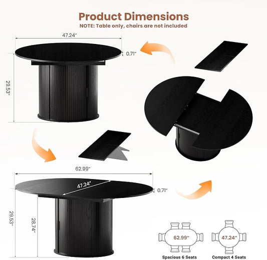 47''-63'' Extendable Round Dining Table for 4-6, Round Dining Room Table with Hidden Storage, Modern Wooden Kitchen Table with Fluted Sliding Door Cabinet for Dining Room Kitchen, Black