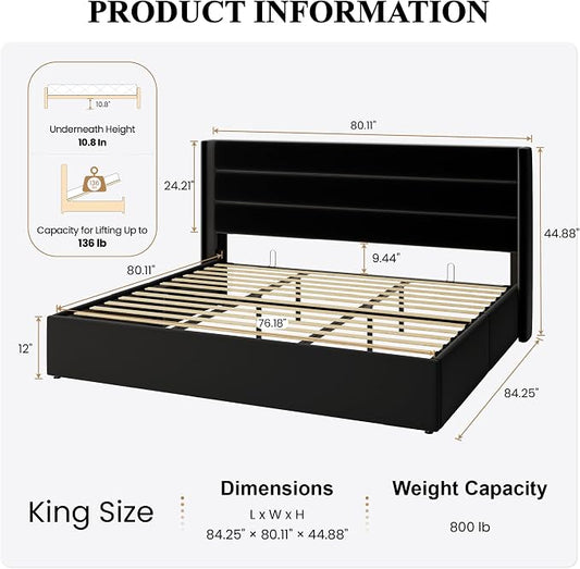 SHA CERLIN King Size Lift Up Storage Bed/Velvet Upholstered/Modern Wingback Headboard/Upholstered Platform Bed Frame/Hydraulic Storage/No Box Spring Needed/Black