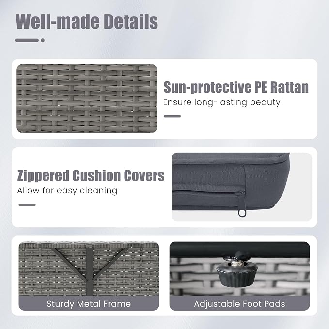 Tangkula Patio Rattan Daybed with 4-Level Adjustable Backrest, Outdoor PE Wicker Loveseat with Storage Ottoman & Folding Side Table, Double Sunbed for Balcony, Backyard & Poolside, Grey