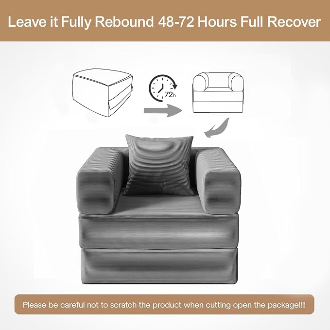 Single Couch Sofa for Small Spaces 2 in 1 Convertible Sofa to Lounger Comfy Bean Bag Chair for Adults with Removable Cover with Pillows for Bedroom, Apartment, Office(Light Gray, 35.43" Single Sofa)