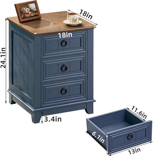 Joaxswe 18" Farmhouse Night Stand with 3 Drawers, Wood End Table Dresser for Bedroom, Navy Blue Nightstand, Bed Side Table with Metal Handle, Bedside Cabinet for Bedroom Living Room, Closet