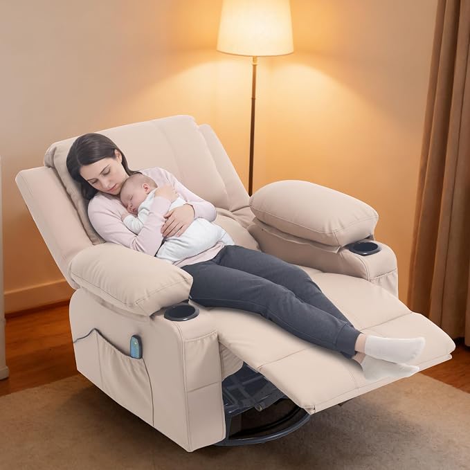 Leather Recliner Chair with Heat and Massage Cup Holder, Thickly Padded Overstuffed Rocking Glider Chair, Swivel Rocker Recliner Chair for Nursery, Khaki