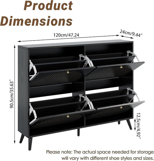 Fsbecl Shoe Storage Cabinet for Entryway with 4 Flip Drawers, Narrow Shoe Organizer with Fluted Panel, Freestanding Wood Hidden Shoe Cabinet (Black, 4 Flip Drawers)