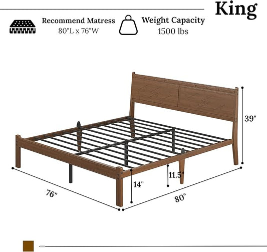Askeld 14 inch Bamboo King Bed Frame with Headboard, Light Cottagecore Solid Wood Platform Bed No Box Spring Needed, Easy Assembly, Noise Free, Light Walnut Color