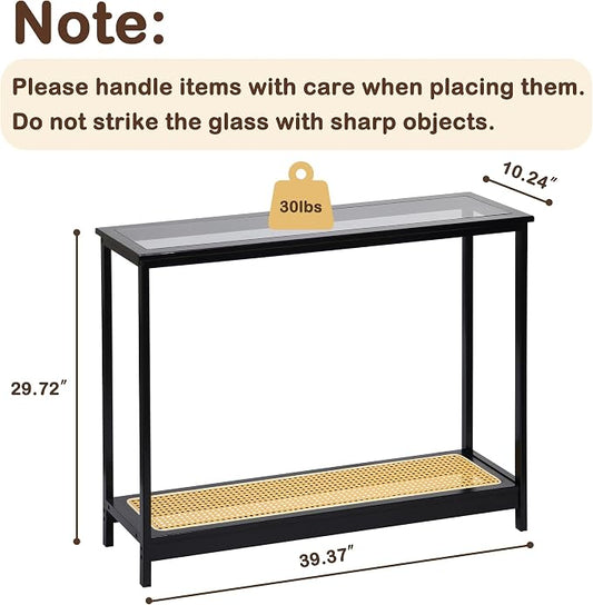 Bamboo Narrow Console Table, 39.4"(L) Wood Small Entryway Table with Rattan and Glass, Accent Slim Hallway Tables, Thin Sofa Side Tables for Hallway, Living Room, Bedroom, Foyer, Black