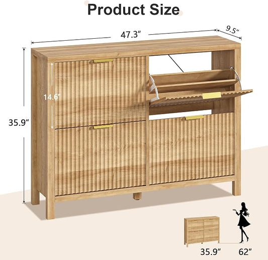 YOMILUVE Shoe Cabinet Storage for Entryway, Fluted Shoe Cabinet with 4 Flip Drawers, Hidden Shoe Rack Freestanding Wooden Shoe Organizer with Legs for Hallway, Oak