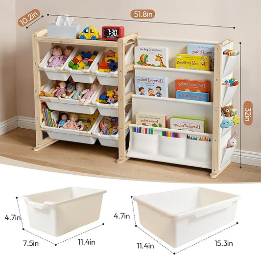 Fodoss Book Shelf for Kids Rooms - Toy Storage Organizer with Bookshelf, Solid Wood Kids Bookshelf with 7 Bins, Side Storage Pockets, Large Toy Organization for Nursery, Natural Pine