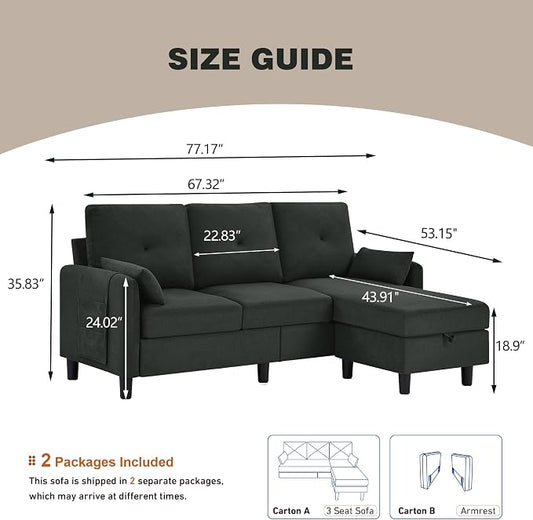 Convertible L-Shaped Sectional Sofa, 3-Seat Sofa Couches with Storage Ottoman & 2 Pillows and Side Storage Pockage, Small Modern Couch for Living Room, Apartment and Office, Black