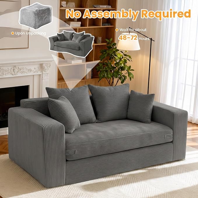 Winzon Boneless Loveseat, 3 in 1 Convertible Sofa Bed Sleeper Sofa Floor Futon Bed with 4 Pillows, 55" Grey Boneless Couch for Living Room, Guest Room, Small Space, No Assembly Required, Corduroy