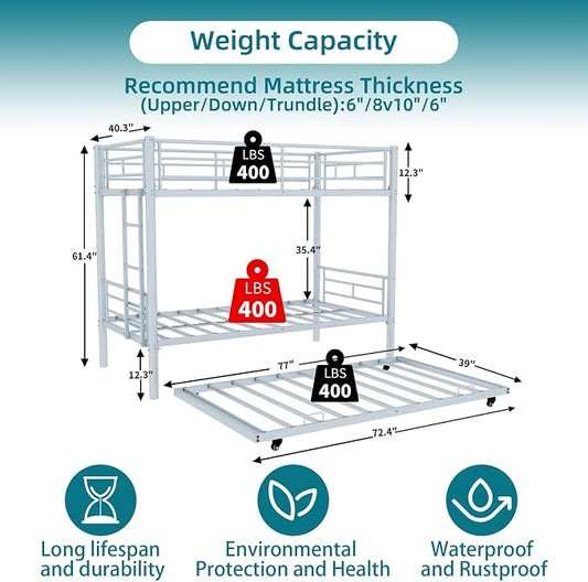 Twin Over Twin Metal Bunk Bed with Trundle,Can be Divided Into Two Bed with Ladder & Guard Rail for Adults,No Box Spring Needed, Noise Free (White)