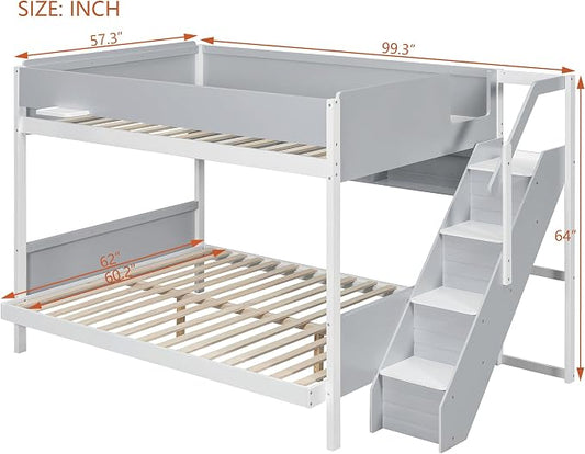 Wood Bunk Bed Full XL Over Queen with Staircase and Side Shelves | Light Strip Included, Striped-Design Stairs, Kids Teens Adults, Space-Saving Design, Versatile Bed Frame