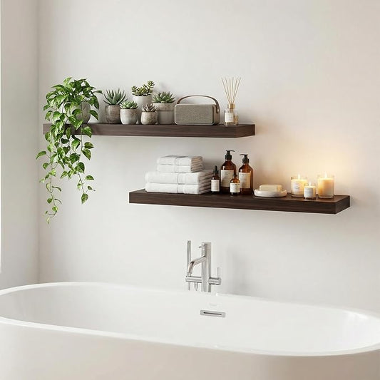 31.5in Floating Shelves for Wall, Wall Mounted Shelves for Decor Storage Set of 2, Floating Shelf for Bedroom, Bathroom, Living Room and Kitchen(Dark Walnut)