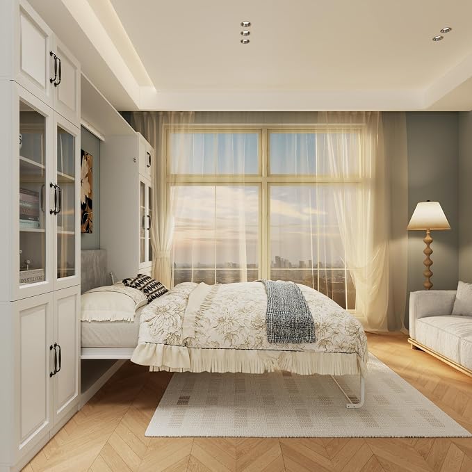 Bobve Farmhouse Murphy Bed Queen, 85" Wall Bed Folds to Save Space, Concealed Bed Frame with 2 Glass Storage Cabinets and Wall Mounted Features for Apartment/Office/Guest Room