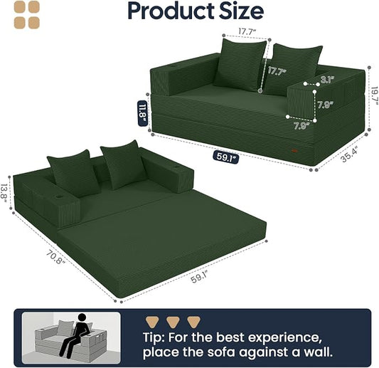 COMAX Futon Sofa Bed, Convertible Sofa Bed, Folding Boneless Couches | Boneless Couch for living room, 4‑in‑1 Fold Out Small Foldable Loveseat Floor Sleeper Mattress Lounge Space‑Saving, Green