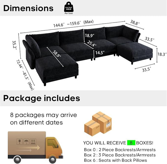 DreamDashio 159" Oversized Cloud Couch Sectional with Storage, Extra Wide Deep Modular Sectional Sofa for Living Room with Adjustable Arms, High Back, U Shaped, 6 Seater, Dark Grey Chenille