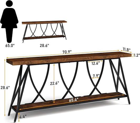 JUSTOGO 70.9" Narrow Console Table for Entryway, Industrial Long Sofa Table Behind Couch, Farmhouse Hallway Table with Storage for Living Room, Entrance, Foyer, Rustic Brown