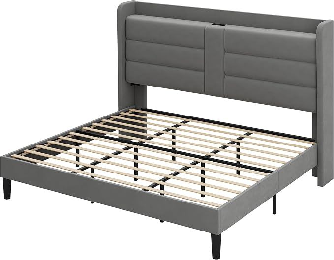 Allewie King Size Platform Bed Frame with Charging Station & Storage Headboard, Upholstered Velvet Wingback Design & USB Port, Strong Wooden Slats Support, No Box Spring Needed, Easy Assembly, Grey