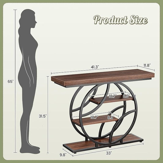 Huuger 41.3 Inch Entryway Table, Modern Console Sofa Table, Accent Table with Shelves, for Entry, Hallway, Entrance, Foyer, O-Shaped Metal Frame, Dark Walnut