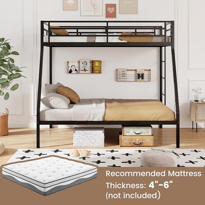 DORTALA Twin Over Full Bunk Bed, Metal Bunk Bed Frame w/Ladder, Safety Rail & Steel Slats, Space-Saving Bunk Beds for Kids Teens Adults, Noise Free for Dorm Bedroom, No Box Spring Needed, Black
