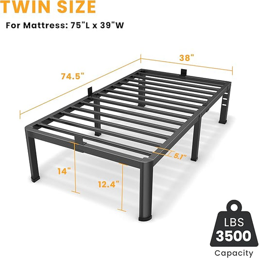 14 Inch Twin Bed Frame, Metal Platform Bed Frame with Round Corner Legs, 3500 lbs Heavy Duty Steel Slats Support, No Box Spring Needed, Noise Free, Easy Assembly, Black