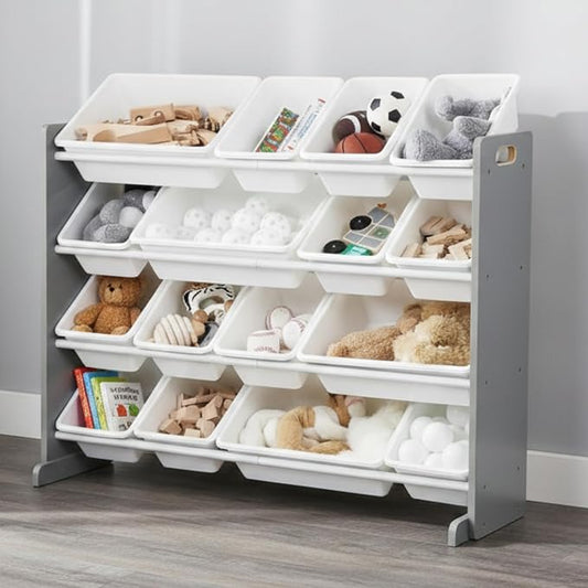 Humble Crew Toy Storage Organizer with 16 Removable Storage Bins for Kids Playroom, 4-Tier Toddler Toy Organization and Storage, Grey/White