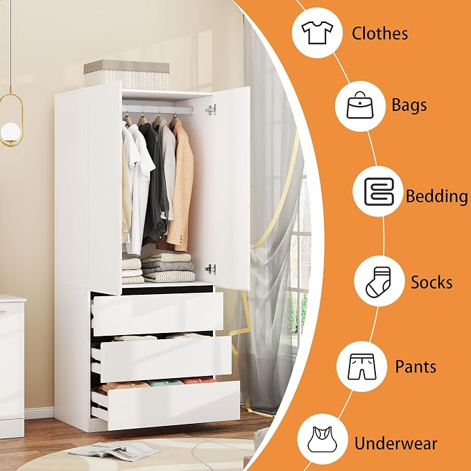 White Armoire Wardrobe Closet with 2 Doors, 75" Bedroom Wardrobe Closet for Hanging Clothes, Modern Wood Storage Closets Cabinet with System (A+B, 63")