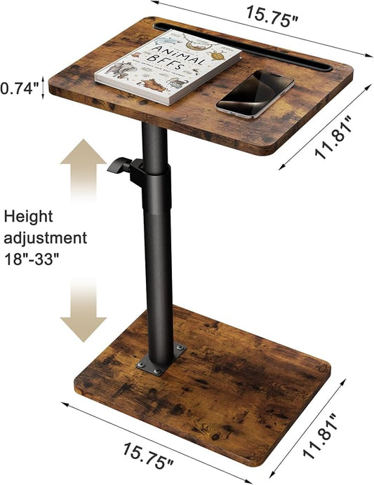 YUHFERA Sofa Armrest Tray Table for Couch - 360° Swivel Height Adjustable End for Small Spaces, Snack Side Table for Bed or Chair with Phone & Tablet Slot (Rustic,Standard)