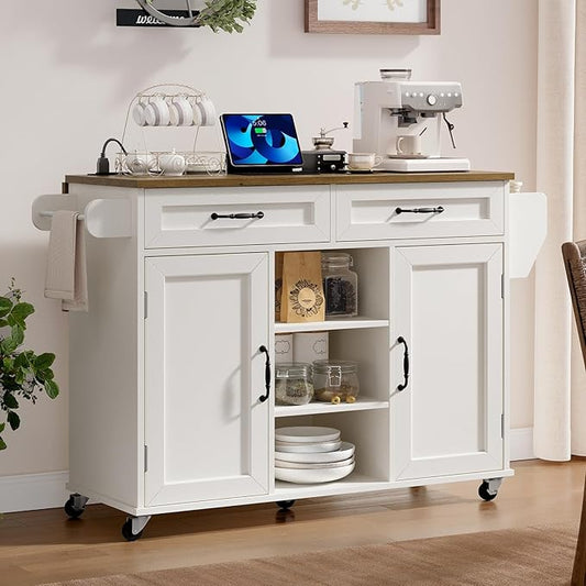 RALGEND Kitchen Island with Storage, Kitchen Rolling Island on Wheels with Power Outlet & Drop Leaf, Kitchen Island Cart with Drawer and Spice Rack, Mobile Island Table for Kitchen,White and Walnut