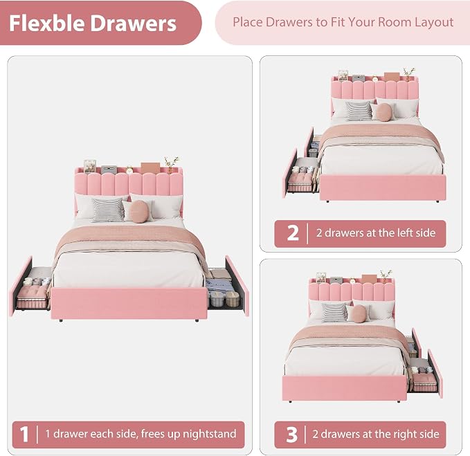 Garvee LED Full Size Bed Frame with Storage Headboard, Kids Bed Frame with 2 Drawers, Boucle Upholstered Platform Bed for Girls, Chic Wavy Headboard with Bookcase, No Box Spring Needed, Pink